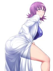 Rule 34 | 1girl, ass, black beat, breasts, creatures (company), game freak, highres, lab coat, large breasts, looking at viewer, nintendo, philena ivy, pokemon, pokemon (anime), pokemon (classic anime), purple eyes, short hair, simple background, smile, solo, swimsuit, thighs, white background