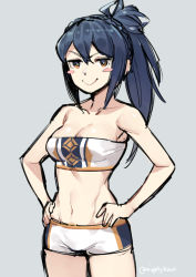 Rule 34 | 1girl, blue hair, blush, blush stickers, bra, breasts, cleavage, fire emblem, fire emblem fates, fire emblem warriors, ge-b, long hair, looking at viewer, medium breasts, navel, nintendo, oboro (fire emblem), ponytail, simple background, sketch, smile, solo, underwear