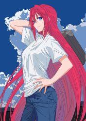 Rule 34 | 1girl, absurdres, aozaki aoko, arm up, blue eyes, blue pants, blue sky, breasts, closed mouth, cloud, commentary request, day, denim, hair between eyes, hair intakes, hand on own hip, highres, holding, holding suitcase, jeans, long hair, looking at viewer, medium breasts, outdoors, pants, pocket, red hair, shirt, short sleeves, sidelocks, sky, smile, solo, suitcase, t-shirt, tsukihime, very long hair, white shirt, xtango