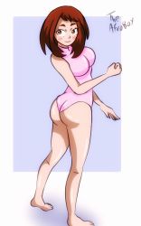 Rule 34 | 1girl, armpits, artist name, ass, back, bare shoulders, barefoot, blush stickers, boku no hero academia, border, breasts, brown eyes, brown hair, clenched hand, collarbone, eyebrows, eyelashes, feet, female focus, from behind, full body, hand up, happy, high collar, highres, legs, leotard, looking at viewer, medium breasts, medium hair, neck, pink leotard, purple background, shiny clothes, shiny skin, sidelocks, simple background, skin tight, sleeveless, sleeveless leotard, smile, soles, standing, theafroboy, thighs, toenails, toes, turning head, two-tone background, uraraka ochako, walking, white border