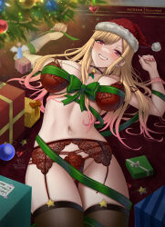 Rule 34 | 1girl, black thighhighs, blonde hair, box, bra, breasts, breasts apart, carpet, choker, christmas, christmas tree, clenched teeth, collarbone, colored tips, ear piercing, earrings, fake nails, fur-trimmed headwear, fur trim, gift, gift box, gluteal fold, green ribbon, grin, hands up, hat, highres, indoors, jewelry, kitagawa marin, lace, lace-trimmed bra, lace-trimmed panties, lace garter belt, lace trim, long hair, looking at viewer, lying, medium breasts, micro panties, multi-strapped panties, multicolored hair, nail polish, navel, on back, on floor, panties, patreon username, piercing, pink nails, red bra, red carpet, red eyes, red garter belt, red hat, red panties, ribbon, ryuuneart, santa hat, smile, solo, sono bisque doll wa koi wo suru, star (symbol), star choker, string panties, teeth, thighhighs, underwear, underwear only