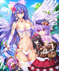 Rule 34 | 10s, 2girls, :d, :o, angel wings, bare shoulders, beluga dolphin, blank eyes, blue hair, blush, braid, breasts, chandelier, character doll, cleavage, cleavage cutout, clothing cutout, cowboy shot, day, doll, dual persona, elbow gloves, fantasy, flower, four goddesses online: cyber dimension neptune, gloves, hair between eyes, hair flower, hair ornament, halo, highres, hug, iris heart, jewelry, kami jigen game neptune v, large breasts, leotard, long hair, looking at viewer, multiple girls, navel, nepgear, neptune (neptunia), neptune (series), noire (neptunia), open mouth, petals, pink hair, portrait, power symbol, power symbol-shaped pupils, purple eyes, purple hair, pururut, red eyes, revealing clothes, siblings, sisters, smile, symbol-shaped pupils, very long hair, wings