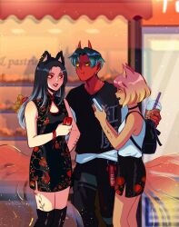 Rule 34 | 1boy, 2girls, andythelemon, animal ears, black hair, blonde hair, blue hair, bubble tea, cat ears, cat girl, cellphone, colored sclera, colored skin, demon, demon boy, highres, lipstick, makeup, multicolored hair, multiple girls, original, phone, pink hair, pointy ears, red eyes, red skin, shorts, two-tone hair, watermark, yellow sclera