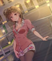 Rule 34 | 1girl, blush, breasts, brown eyes, brown hair, brown pantyhose, cleavage, closed mouth, collarbone, cowboy shot, earrings, idolmaster, idolmaster million live!, jewelry, kamille (vcx68), large breasts, looking at viewer, medium hair, momose rio, necklace, pantyhose, smile, solo
