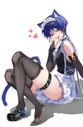 Rule 34 | 1boy, :p, absurdres, animal ears, black footwear, black nails, black shirt, black sleeves, black thighhighs, blue eyes, blue hair, blue tail, cat ears, cat tail, chobonu, closed mouth, genshin impact, hair between eyes, high heels, highres, looking at viewer, maid, maid day, maid headdress, male focus, scaramouche (genshin impact), shirt, shoes, single shoe, skirt, solo, tail, thighhighs, tongue, tongue out, trap, white background, white skirt