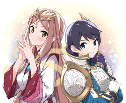 Rule 34 | 1boy, 1girl, armor, black hair, blush, braid, breastplate, breasts, brown eyes, brown hair, circlet, closed mouth, fan la norne, french braid, gloves, hand up, hugo ardanach, japanese clothes, layered sleeves, long hair, long sleeves, looking at viewer, medium breasts, misu kasumi, nintendo, own hands together, parted bangs, pauldrons, ribbon-trimmed sleeves, ribbon trim, see-through, shoulder armor, smile, straight hair, tareme, upper body, very long hair, white gloves, xenoblade chronicles (series), xenoblade chronicles 2, xenoblade chronicles 2: torna - the golden country