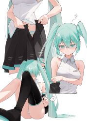 Rule 34 | 1girl, 200f (nifu), absurdres, aqua eyes, aqua hair, aqua nails, bare shoulders, black footwear, black skirt, black sleeves, boots, breasts, commentary, cowboy shot, cropped legs, detached sleeves, dressing, hatsune miku, highres, knees up, light frown, long hair, looking down, medium breasts, miniskirt, multiple views, nail polish, panties, pleated skirt, shirt, single bare arm, single bare leg, sitting, skirt, squeans, sleepy, sleeveless, sleeveless shirt, speech bubble, striped clothes, striped panties, thigh boots, thighhighs, twintails, underwear, very long hair, vocaloid, white background, white shirt