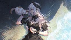 Rule 34 | 1girl, bare shoulders, beach, black bow, black wrist cuffs, bow, bowtie, braid, cat, chinese commentary, chromatic aberration, commentary, detached collar, detached sleeves, dress, footprints, highres, liv: empyrea (dreamcatcher) (punishing: gray raven), liv: empyrea (punishing: gray raven), liv (punishing: gray raven), long hair, lying, off-shoulder dress, off shoulder, on back, punishing: gray raven, sand, shadow, upper body, water, white hair, wing hair ornament, wrist cuffs, yellow eyes, zhou huan (dgpe2833)