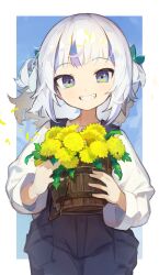 Rule 34 | 1girl, alternate costume, blue eyes, blue hair, blue overalls, border, bouquet, bucket, fang, flower, gawr gura, hair ornament, harufude, highres, holding, holding bouquet, holding bucket, holding flower, hololive, hololive english, looking at viewer, medium hair, multicolored hair, overalls, pants, shirt, sky, smile, solo, standing, streaked hair, teeth, two side up, virtual youtuber, white background, white border, white hair, white shirt
