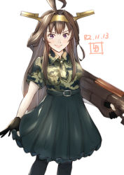Rule 34 | 1girl, ahoge, alternate costume, artist logo, black pantyhose, black skirt, brown hair, bullpup, camouflage, commentary request, cowboy shot, dated, double bun, dress shirt, gun, hair bun, hairband, headgear, kantai collection, kongou (kancolle), ld (luna dial398), long hair, looking at viewer, one-hour drawing challenge, pantyhose, red eyes, rifle, shirt, short sleeves, simple background, skirt, solo, standing, weapon, white background