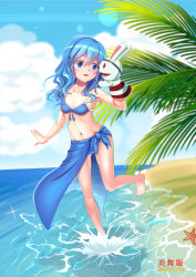 Rule 34 | 1girl, 2019, absurdres, arm up, armpits, barefoot, beach, bikini, blue bikini, blue eyes, blue hair, breasts, cloud, date a live, dated, day, full body, gluteal fold, hand puppet, highres, long hair, navel, ocean, open mouth, outdoors, palm leaf, puppet, sarong, sky, small breasts, smile, solo, standing, standing on one leg, swimsuit, toes, yoshino (date a live), yoshinon