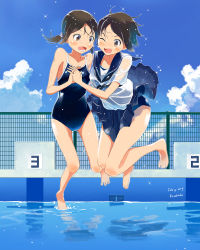 Rule 34 | 2girls, :d, ;d, artist name, barefoot, brown eyes, brown hair, cloud, cloudy sky, competition school swimsuit, dated, day, diving, fence, holding hands, kusakabe (kusakabeworks), multiple girls, one-piece swimsuit, one eye closed, open mouth, original, pool, school swimsuit, school uniform, serafuku, short hair, sky, smile, sparkle, starting block, surprised, swimsuit, swimsuit under clothes, twintails, wet, wet clothes