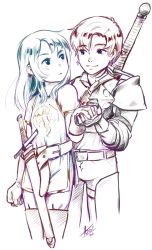 Rule 34 | 1boy, 1girl, aogami, armor, belt, character request, child, commentary, dragon print, english commentary, flat chest, hair between eyes, highres, holding hands, knight, lineart, long hair, looking at another, open belt, sheath, sheathed, short hair, shoulder armor, simple background, sword, symphony of war, weapon, weapon on back, white background