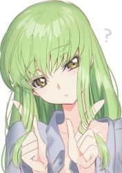 Rule 34 | 1girl, ?, c.c., close-up, code geass, collared shirt, creayus, fingernails, green hair, light blush, long hair, playing with own hair, pointing, pointing up, portrait, pout, shirt, simple background, solo, straight hair, white background, yellow eyes