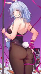 Rule 34 | 2girls, absurdres, animal ear fluff, animal ears, ass, ass grab, back, bare shoulders, black leotard, blue hair, blush, braid, braided ponytail, breasts, brown pantyhose, cuffs, grabbing own ass, handcuffs, heart, highleg, highleg leotard, highres, hololive, large breasts, leotard, light blue hair, long hair, looking at viewer, looking back, mature female, mother and daughter, multiple girls, pantyhose, pekomama, pole, rabbit ears, rabbit girl, rabbit tail, red eyes, ribbon, short eyebrows, smile, stripper pole, tail, thick eyebrows, thighs, ura illust, usada pekora, variant set, virtual youtuber