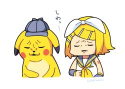Rule 34 | &gt; &lt;, 1girl, blonde hair, cabbie hat, closed eyes, clothed pokemon, creatures (company), crossover, detached sleeves, detective pikachu, detective pikachu (character), detective pikachu (movie), frown, game freak, gen 1 pokemon, hair ornament, hair ribbon, hairclip, hat, kagamine rin, nintendo, nokuhashi, pikachu, pokemon, pokemon (creature), ribbon, sailor collar, shirt, short hair, simple background, sleeveless, sleeveless shirt, translation request, twitter username, upper body, vocaloid, white background, white ribbon, white shirt, wrinkled frown (detective pikachu), yellow ribbon