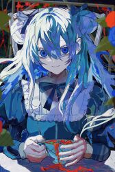 Rule 34 | 1girl, absurdres, blood, blue dress, blue eyes, blue ribbon, closed mouth, collared shirt, cup, double bun, dress, frilled dress, frills, hair between eyes, hair bun, hair ribbon, highres, holding, holding cup, juliet sleeves, layered clothes, leaning on table, long hair, long sleeves, looking at viewer, neck ribbon, original, puffy sleeves, raised eyebrows, red pupils, ribbon, shadow, shirt, shiun (siun 5513), sidelocks, smile, solo, straight-on, teacup, two side up, unusually open eyes, upper body, white shirt