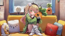 Rule 34 | 1girl, beret, black hat, blonde hair, blush, character print, closed mouth, commentary request, company name, curtains, full body, gradient hair, green eyes, green jacket, grey sky, hair ornament, hairclip, hat, heart, highres, hololive, hugging own legs, indoors, jacket, knees up, long hair, long sleeves, looking at viewer, loose socks, miniskirt, momosuzu nene, momosuzu nene (casual), multicolored hair, nekko (momosuzu nene), no shoes, official alternate costume, official art, overcast, pillow, pink hair, plaid, plaid skirt, pleated skirt, pom pom (clothes), pom pom hair ornament, puffy long sleeves, puffy sleeves, red skirt, sailor collar, side ponytail, sitting, skirt, sky, sleeves past wrists, smile, socks, solo, summer tail720, virtual youtuber, white sailor collar, white socks, window