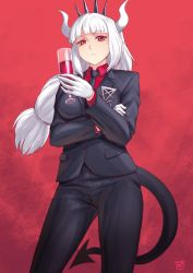Rule 34 | 1girl, alcohol, black necktie, blunt bangs, breasts, commentary request, demon girl, demon horns, demon tail, finalcake, formal, from below, frown, gloves, helltaker, highres, holding, horns, long hair, long sleeves, looking at viewer, low-tied long hair, lucifer (helltaker), mole, mole under eye, necktie, pant suit, pants, red eyes, red shirt, shirt, signature, simple background, solo, suit, tail, white hair, white horns, wine