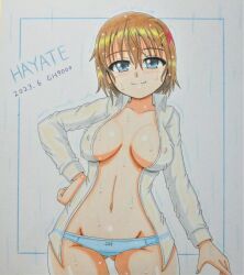 Rule 34 | 1girl, absurdres, areola slip, blue eyes, blue panties, blush, breasts, breasts apart, brown hair, character name, closed mouth, collarbone, covered erect nipples, dated, gh9000, hair ornament, highres, large breasts, looking at viewer, lyrical nanoha, mahou shoujo lyrical nanoha strikers, navel, no bra, panties, shirt, short hair, smile, solo, underwear, wet, wet clothes, wet shirt, x hair ornament, yagami hayate