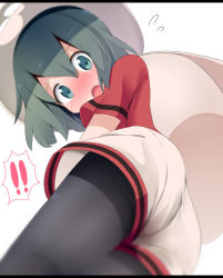 Rule 34 | !, !!, 10s, 1girl, ass, backpack, bag, black pantyhose, blurry, blush, commentary request, cowboy shot, depth of field, embarrassed, eyes visible through hair, flying sweatdrops, from below, green eyes, green hair, hair between eyes, hat, highres, kaban (kemono friends), kemono friends, looking at viewer, looking down, makuran, open mouth, pantyhose, pantyhose under shorts, red shirt, shirt, short hair, shorts, simple background, solo, surprised, white background, white shorts