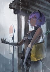 Rule 34 | 1girl, bag, black gloves, breasts, bus stop, dark-skinned female, dark skin, fate/prototype, fate/prototype: fragments of blue and silver, fate (series), gloves, grey sky, hassan of serenity (fate), highres, looking up, purple eyes, purple hair, rain, shopping bag, sky, small breasts, spring onion, taruto (takug0812)