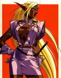 Rule 34 | 1990s (style), 1girl, ahoge, armlet, belt, belt skirt, blonde hair, breasts, breasts apart, center opening, circlet, cleavage, cowboy shot, dark-skinned female, dark elf, dark skin, dress, elbow gloves, elf, fantasy, gloves, grin, hand on own hip, jewelry, jpeg artifacts, large breasts, lipstick, long hair, long pointy ears, looking afar, looking away, makeup, narrow waist, no bra, official art, open clothes, open dress, pirotess, pointy ears, profile, record of lodoss war, red background, red lips, retro artstyle, short dress, sidelocks, simple background, smile, solo, standing, sword, turtleneck, very long hair, weapon, yellow eyes, yuuki nobuteru