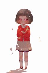 Rule 34 | 1girl, aged down, backlighting, bang dream!, black footwear, black hair, blush, bob cut, cardigan, child, collared dress, dress, floral print, full body, grey dress, hands on own chest, long sleeves, mamaloni, mary janes, mitake ran, petals, purple eyes, red cardigan, shadow, shoes, short hair, socks, solo, standing, wavy mouth, white background, white socks