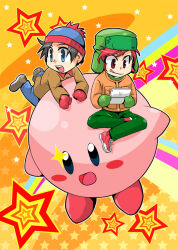 Rule 34 | 2boys, beanie, black hair, blue eyes, brown eyes, commentary, english commentary, fur hat, handheld game console, hat, holding, holding handheld game console, indian style, jacket, kirby, kirby (series), kyle broflovski, male focus, mittens, multiple boys, nintendo, pants, pom pom (clothes), pom pom beanie, red hair, sakurapanda, shoes, short hair, sitting, smile, sneakers, south park, stan marsh, star (symbol), tongue, tongue out, ushanka