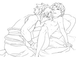 Rule 34 | 1boy, 1girl, bed sheet, blush, breast sucking, breasts, clothed male nude female, couple, earrings, closed eyes, fingering, greyscale, hetero, ilia, jewelry, lineart, link, monochrome, nintendo, nipples, nude, orgasm, pillow, pointy ears, sheet grab, short hair, small breasts, soraaya giima, sweat, the legend of zelda, the legend of zelda: twilight princess