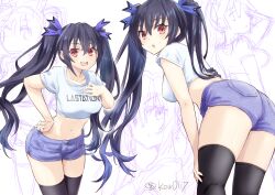 Rule 34 | 1girl, absurdres, alternate costume, ass, black hair, black thighhighs, breasts, casual, choker, commission, denim, denim shorts, hair ornament, hand on own hip, highres, kow (kow0117), long hair, looking at viewer, medium breasts, multiple girls, multiple views, navel, neptune (neptunia), neptune (series), noire (neptunia), pixiv commission, purple eyes, purple hair, red eyes, short hair, shorts, skindentation, smile, thighhighs, twintails, twitter username