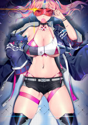Rule 34 | 1girl, adjusting eyewear, adjusting glasses, au11, azur lane, bikini, bikini top only, bikini under clothes, blue hair, boots, breasts, bremerton (azur lane), buckle, chain-link fence, cleavage, commentary, cowboy shot, eyebrows hidden by hair, fence, front-tie bikini top, front-tie top, glint, hair between eyes, hair intakes, hair ornament, halterneck, hand on own hip, highleg, highleg bikini, highres, large breasts, long hair, looking at viewer, micro shorts, midriff, multicolored hair, navel, orange-tinted eyewear, orange-tinted glasses, pink bikini, pink eyes, pink hair, purple hair, red-tinted eyewear, short shorts, shorts, side-tie bikini bottom, sidelocks, skindentation, snap-fit buckle, solo, standing, streaked hair, sunglasses, swimsuit, swimsuit under clothes, thigh boots, thigh strap, thighhighs, tinted eyewear, twintails, visor
