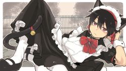 Rule 34 | 1boy, animal ears, apron, bell, black footwear, black hair, border, bow, bowtie, cat ears, cat tail, closed mouth, cobblestone, crossdressing, dress, fence, highres, jingle bell, jitome, looking at viewer, lying, maid apron, maid headdress, male focus, ocha (kinnkonnsousai), original, outdoors, outline, outside border, red bow, red bowtie, red eyes, shoes, short hair, solo, tail, tail bell, tail ornament, thighhighs, white border, white outline, white thighhighs