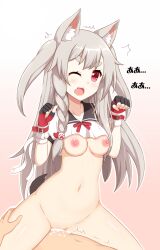 Rule 34 | 1boy, 1girl, animal ears, azur lane, bottomless, bow, breasts, claw pose, cowgirl position, crop top, crop top overhang, cum, cum in pussy, cum overflow, grey hair, highres, medium breasts, non-web source, ohno, red bow, red eyes, sex, shirt, straddling, tail, underboob, vaginal, white shirt, wolf ears, wolf girl, wolf tail, yuudachi (azur lane)