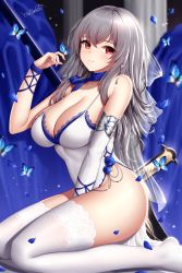 Rule 34 | 1girl, arm warmers, azur lane, bare shoulders, between legs, blue ribbon, blurry, breasts, bug, butterfly, cleavage, collarbone, cross, depth of field, dress, grey hair, hand up, highres, impossible clothes, impossible dress, insect, lace trim, large breasts, long hair, looking at viewer, mole, mole under eye, neck ribbon, no panties, official alternate costume, pelvic curtain, red eyes, ribbon, saint-louis (azur lane), saint-louis (holy knight&#039;s resplendence) (azur lane), saint-louis (holy knight&#039;s resplendence) (azur lane), seiza, single arm warmer, sitting, sleeveless, sleeveless dress, smile, solo, spaghetti strap, thighhighs, thighs, white dress, white thighhighs, wsman