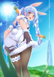 Rule 34 | 1girl, absurdres, animal ear fluff, animal ears, arm cuffs, ass grab, backless dress, backless outfit, bent over, black gloves, black pantyhose, blue hair, blue sky, blurry, blush, braid, breasts, bridal garter, carrot hair ornament, cowboy shot, day, deep skin, depth of field, dress, eyes visible through hair, field, food-themed hair ornament, fur-trimmed dress, fur-trimmed gloves, fur scarf, fur trim, gloves, grabbing own ass, grass, hair ornament, highres, hololive, leaning forward, light blue hair, long hair, looking at viewer, looking back, medium breasts, multicolored hair, noumin, open mouth, outdoors, pantyhose, rabbit ears, rabbit girl, rabbit tail, red eyes, science fiction, short dress, sideboob, sky, solo, standing, tears, thick eyebrows, thigh strap, twin braids, two-tone hair, usada pekora, usada pekora (1st costume), virtual youtuber, wavy mouth, white dress, white hair
