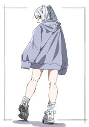 Rule 34 | 1girl, commentary request, contemporary, frieren, from behind, full body, grey hair, grey hoodie, highres, hood, hood down, hoodie, looking at viewer, looking back, no pants, perutore, shoes, simple background, sleeves past fingers, sleeves past wrists, sneakers, solo, sousou no frieren, standing, twintails, white background, white footwear
