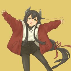 Rule 34 | 1girl, absurdres, black hair, black pantyhose, black shorts, brown background, green eyes, highres, i-47 (kancolle), jacket, kantai collection, long hair, low-tied long hair, official alternate costume, outstretched arms, pantyhose, pot-de, red jacket, shirt, shorts, sidelocks, smile, solo, very long hair, white shirt