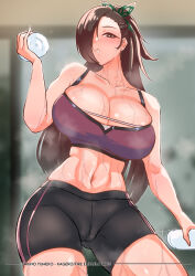 Rule 34 | 1girl, absurdres, alternate costume, artist name, bare shoulders, black shorts, blush, bottle, breasts, brown eyes, brown hair, cameltoe, cleavage, cleft of venus, commission, fire emblem, fire emblem fates, gluteal fold, hair ornament, hair over one eye, highres, holding, huge breasts, kagero (fire emblem), long hair, looking at viewer, navel, nintendo, open mouth, outdoors, pixiv commission, ponytail, sakino yumeko, shorts, skin tight, skindentation, solo, sports bra, sportswear, sweat, thick thighs, thighs, water bottle, yoga