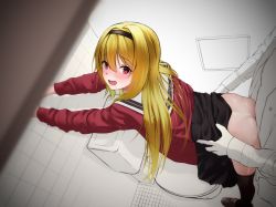 Rule 34 | 1boy, 1girl, against wall, ass, bent over, black hairband, black skirt, black thighhighs, blonde hair, blurry, blurry foreground, blush, brown footwear, cardigan, clothed sex, clothes lift, commentary request, from above, hair between eyes, hairband, hands up, hetero, highres, idolmaster, idolmaster cinderella girls, indoors, kurosaki chitose, loafers, long hair, long sleeves, looking at viewer, looking to the side, looking up, nose blush, open cardigan, open clothes, open mouth, open shirt, outstretched arms, partially colored, pink eyes, raised eyebrows, red cardigan, sailor collar, saliva, school uniform, serafuku, sex, sex from behind, shadow, shoes, sidelocks, skirt, skirt lift, solo focus, standing, standing sex, tears, thighhighs, toilet, toilet stall, torso grab, viq, white sailor collar