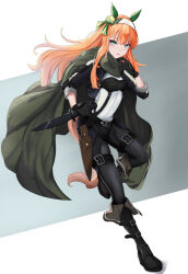 Rule 34 | 1girl, alternate costume, animal ears, aqua eyes, belt, black belt, black footwear, black gloves, black jacket, black pants, boots, breasts, cape, closed mouth, commentary request, ear covers, ear ornament, fold-over boots, full body, gloves, green cape, hairband, highres, hime cut, holding, holding knife, horse ears, horse girl, horse tail, jacket, knife, looking at viewer, orange hair, pants, peperoncino-sama, shirt, silence suzuka (umamusume), small breasts, solo, tail, umamusume, white hairband, white shirt