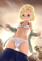Rule 34 | 1girl, backlighting, blonde hair, blue eyes, blue skirt, blush, bow, bow bra, bow panties, bra, breasts, cameltoe, clothes pull, cloud, cloudy sky, cowboy shot, crotch seam, day, kazuhira miller, kusakabe makoto, long sleeves, looking at viewer, metal gear (series), metal gear solid, metal gear solid: peace walker, miniskirt, off shoulder, open clothes, open shirt, outdoors, panties, parted lips, paz ortega andrade, pleated skirt, shirt, short hair, skirt, skirt pull, sky, small breasts, solo, solo focus, standing, sunglasses, underwear, undressing, white bra, white panties, white shirt