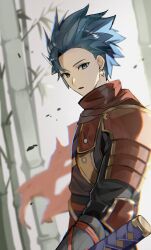 1boy armor bamboo bamboo_forest blue_eyes blue_hair camus_(dq11) dragon_quest dragon_quest_xi earrings forest glint highres jewelry looking_at_viewer male_focus nature ryo_09 short_hair solo spiked_hair standing sword weapon