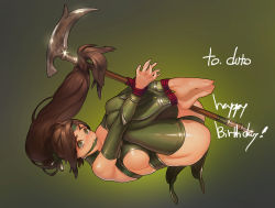 Rule 34 | 1girl, akali, akali (legacy), barefoot, bdsm, bondage, bound, breasts, brown hair, gagged, green eyes, instant ip, league of legends, long hair, ponytail, restrained, sideboob, solo, thighhighs