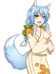 Rule 34 | 1girl, animal ears, blue hair, blush, character request, fang, fox ears, fox tail, green eyes, inari, japanese clothes, konshin, open mouth, original, solo, tail, twintails, wolf ears, wolf tail