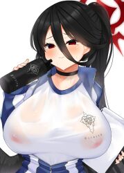 Rule 34 | 1girl, black choker, black hair, black wings, blue archive, blue jacket, blush, bottle, breasts, choker, clipboard, closed mouth, commentary request, covered erect nipples, daichi (tokoya), gym uniform, hair between eyes, halo, hasumi (blue archive), hasumi (track) (blue archive), high ponytail, highres, holding, holding bottle, holding clipboard, hug, huge breasts, jacket, lace, long hair, looking at viewer, low wings, mole, mole under eye, no bra, official alternate costume, partially unzipped, red eyes, shirt, smile, solo, sweat, underwear, upper body, water bottle, wet, wet clothes, wet shirt, white shirt, wings, zipper