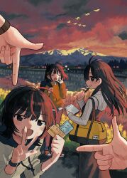 Rule 34 | 4girls, ahoge, antenna hair, backpack, bag, black dress, black hair, commentary request, dress, evening, field, finger frame, highres, holding, holding paper, long hair, long sleeves, looking at viewer, mountainous horizon, multiple girls, open mouth, orange sky, original, outdoors, paper, pov, ribbed sweater, short hair, shoulder bag, sky, squeans, smile, standing, sweater, w, white sweater, yawning, zinbei
