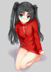Rule 34 | 1girl, 3:, aldehyde, barefoot, black hair, blush, breasts, fate/stay night, fate (series), full body, green eyes, hair ribbon, long hair, looking at viewer, md5 mismatch, naked sweater, no legwear, ribbed sweater, ribbon, shirt tug, simple background, solo, sweater, tohsaka rin, two side up