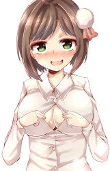 Rule 34 | 10s, 1girl, :3, blush, breasts, brown hair, center opening, cleavage, commentary request, dress shirt, fang, gagaga, green eyes, hair ornament, idolmaster, idolmaster cinderella girls, large breasts, looking at viewer, maekawa miku, open mouth, shirt, short hair, simple background, solo, sweatdrop, tareme, white background