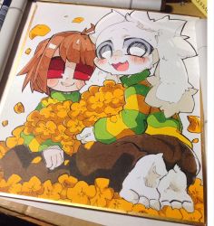 Rule 34 | 1boy, :d, androgynous, asriel dreemurr, bad id, bad pixiv id, barefoot, blush, blush stickers, brown hair, brown pants, chara (undertale), flower, fluffy, furry, furry male, g perarikku, highres, kneeling, monster boy, open mouth, pants, red eyes, shikishi, short hair, smile, striped clothes, striped sweater, sweater, traditional media, undertale, white eyes